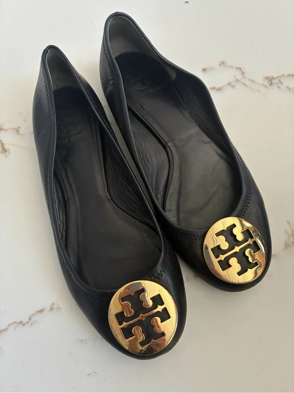 Tory Burch Black Reva Leather Flats with Gold Logo Medallions